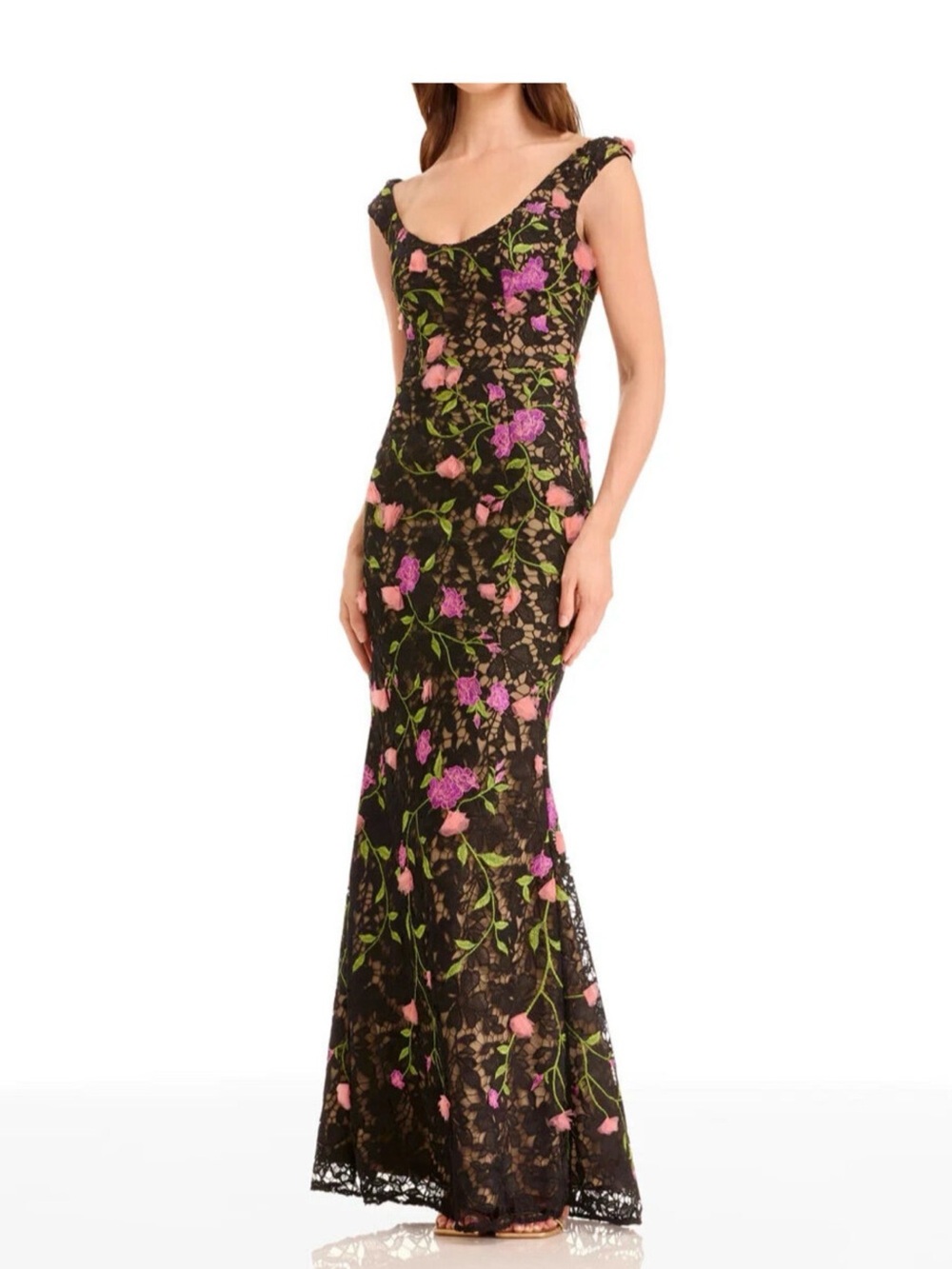 Dress the Population Josie Black Floral Lace Evening Gown - Pink & Green flowers